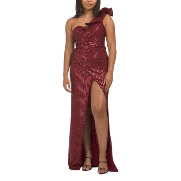 Jovani One Shoulder Sequin Gown With Slit Size 00 Burgandy New With Tag - Picture 1 of 1
